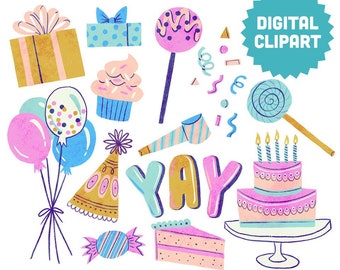 BIRTHDAY PARTY Digital Clipart Instant Download Illustration Graphics Collage Ephemera Commercial Balloons Celebration Cake Cupcake YAY Pink