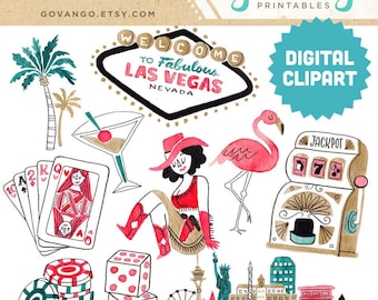 LAS VEGAS Digital Clipart Instant Download Illustration Watercolor Commercial Use Gambling Casino Nevada City Skyline Dice Slot Machine