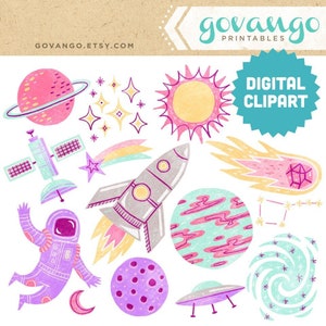 OUTERSPACE ADVENTURE Digitale Clipart Sofort-Download Illustration Grafik Collage Ephemera Kommerziellen Weltraum Astronaut NASA Planeten Galaxie