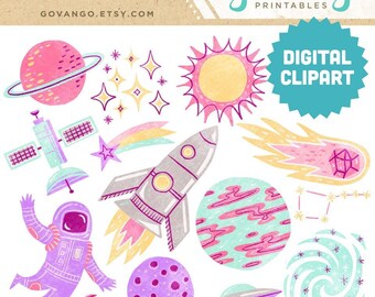 OUTERSPACE ADVENTURE Digitale Clipart Sofort-Download Illustration Grafik Collage Ephemera Kommerziellen Weltraum Astronaut NASA Planeten Galaxie
