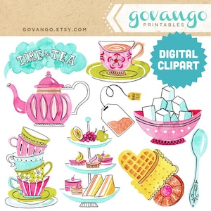 TEA TIME Digital Clipart Instant Download Illustration Watercolor Clip Art Collage Printable English High Tea British Cuppa Coffee Afternoon