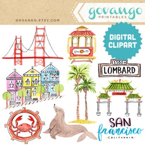 SAN FRANCISCO Digital Clipart Instant Download Illustration Clip Art Watercolor City Golden Gate Bridge Painted Ladies California Roadtrip