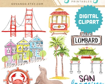 SAN FRANCISCO Digital Clipart Instant Download Illustration Clip Art Watercolor City Golden Gate Bridge Painted Ladies California Roadtrip