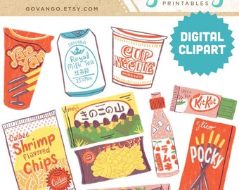 ASIAN SNACKS Digital Clipart Instant Download Illustration Clip Art Watercolor Japanese Pocky Ramune YanYan Food Cup Noodle Ramen Candy