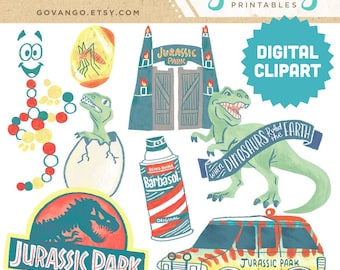 JURASSIC PARK digitale Clipart Sofort-Download Illustration Clip Art Aquarell Kommerzielle Nutzung Spielberg Dinosaurier T-Rex Jeep Film Dino DNA