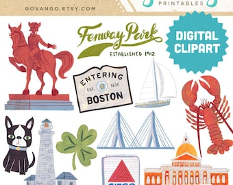 May include: A set of digital clipart illustrations featuring iconic Boston landmarks, including Fenway Park, the Citgo sign, the Boston State House, the Zakim Bunker Hill Bridge, a lobster, a shamrock, a lighthouse, a Boston Terrier dog, and a statue of a man on horseback. The text "govango PRINTABLES" and "DIGITAL CLIPART" are also included in the image.