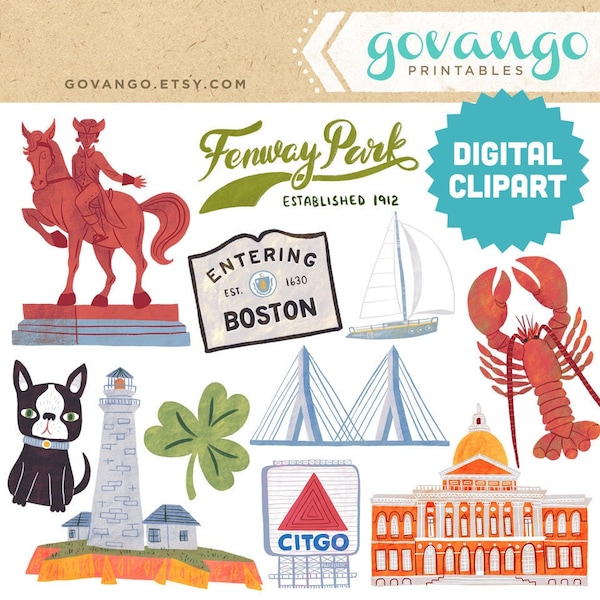 BOSTON Digital Clipart Instant Download Illustration Travel Massachusetts North America Clover Lighthouse State Fenway Park Lobster Citgo