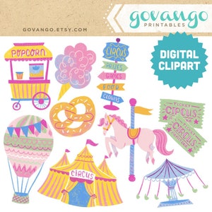 PASTEL CARNIVAL Digital Clipart Instant Download Illustration Clip Art Watercolor Handpainted Circus Popcorn Hot Air Balloon Festival Fair