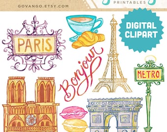 PARIS Digital Clipart Instant Download Illustration France Travel Bonjour Parisian Eiffel Tower French Macaroons Notre Dame Clip Art