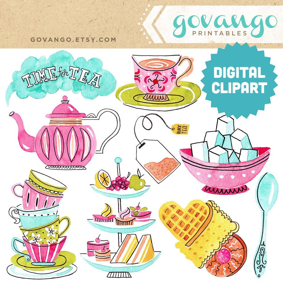 TEA TIME Digital Clipart Instant Download Illustration Watercolor Clip Art Collage Printable English High Tea British Cuppa Coffee Afternoon