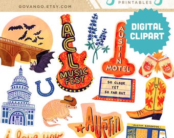 AUSTIN TEXAS Clipart-Bundle – Digitale Stadt Illustrationen, Kongreß-Brücke, Gürteltier, Capityll, ACL, Bluebonnets, Instant Art Download