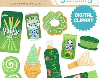 MATCHA Green Tea Snack Clipart Bundle - Bubble Tea, Taiyaki, Macaron, Kekse, japanische Süßigkeiten & Süßigkeiten Sofortiger digitaler Download PNG JPG Art