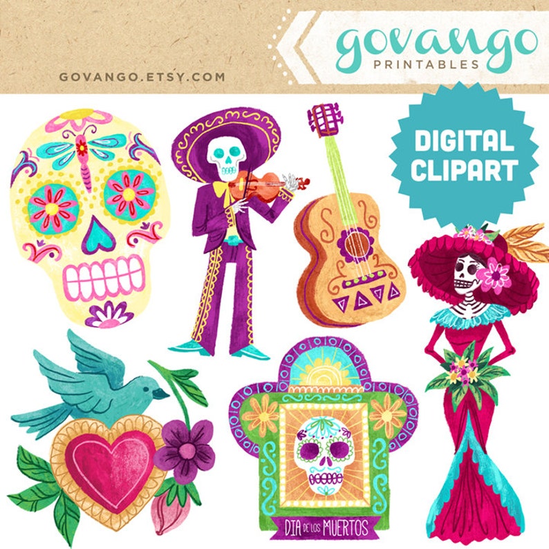 DIA de los MUERTOS Digital Clipart Instant Download Illustration Halloween Skull Day Dead Catrina Mariachi Mexican Folk Art Bird Stock Art image 1