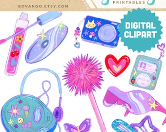 Y2K Mädchen Clipart Bundle | 90er Jahre 2000er Jahre Nostalgie Digitale Aufkleber | iPod, CD-Player, Lipgloss, Schmetterling-Clips PNG Download Retro ästhetik