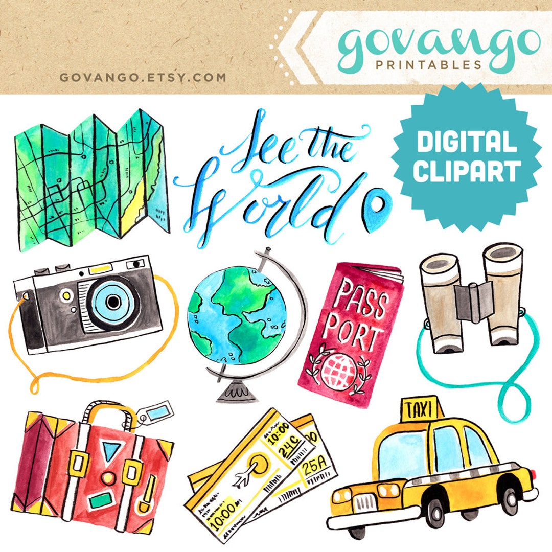 TRAVEL Digital Clipart Instant Download Illustration Watercolor Journey ...