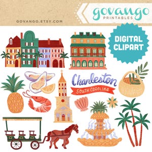 CHARLESTON South Carolina Clipart Bundle | Rainbow Row, Pineapple Fountain, Church, Seafood Art Illustrations | Travel PNG Instant Download