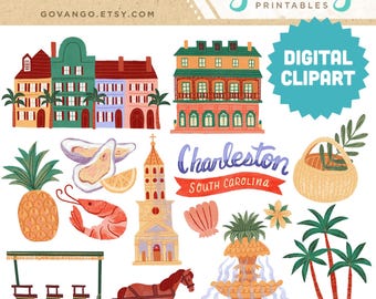 CHARLESTON South Carolina Clipart-Bundle | Rainbow Row, Ananasbrunnen, Kirche, Fischillustrationen | Reisen PNG Instant Download