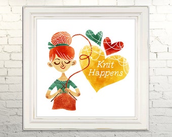 KNIT HAPPENS Printable Art print Instant Download jpg Digital Illustration Knitting Crotchet Crafting Yarn Heart Love Sewing Decor Poster