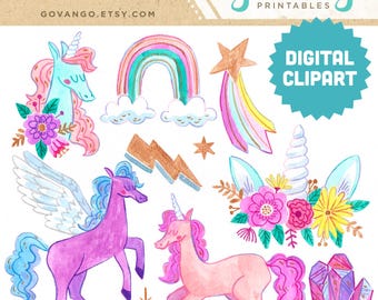 MAGISCHE EINHÖRNER Digitale Clip Art Sofortiger Download Illustration Clip Art Aquarell Pegasus Pferd Pony Magie Regenbogen Floral Stern Gold Edelstein