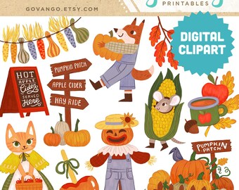 ERNTEFESTIVAL digitale Clipart-Sofortiger Download Illustration Kunst Herbst Cottagecore Herbst Apfelwein Kürbis Vogelscheuche Americana Vintage