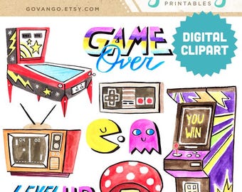 RETRO GAMER Clipart Set – 90er, 80er Jahre Arcade & Gaming Icons | Aquarell Flipper, Game Over Text, Joyjoy, Pilz | Digitaler Download Kunst