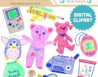 90er Jahre Spielzeug Nostalgie Y2K Clipart Bundle - Retro digitale Kunst für Aufkleber, Planer, Scrapbooking, Basteln, sofortiger digitaler Download PNG JPG Art