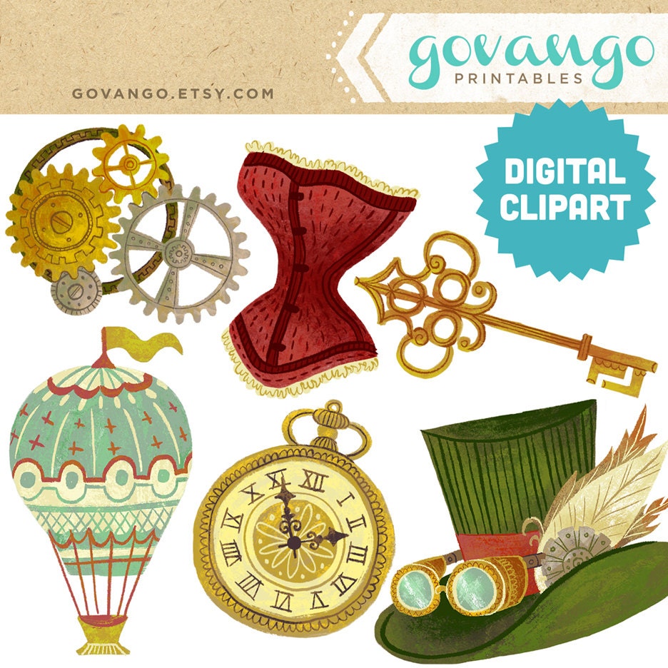 Vintage Steampunk Grunge Clipart Women Clock Dragon Commercial Use Digital Clip Art Printable Digital Images Jewelry Hot Air Balloon