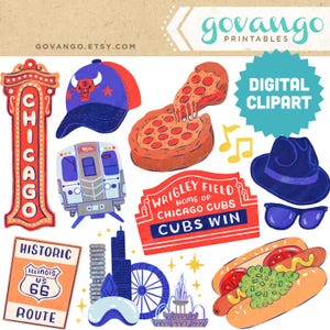 Pacote de clipart de CHICAGO ILLINOIS – Ilustrações de arte urbana, Wrigley Field, pizza de prato fundo, trem L-Train, Rota 66, cachorro-quente, Bulls, Blues Brothers