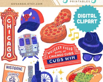 CHICAGO ILLINOIS Clipart Bundle – City Art Illustrations, Wrigley Field, Deep Dish Pizza, L-Train, Route 66, Hotdog, Bulls, Blues Brothers