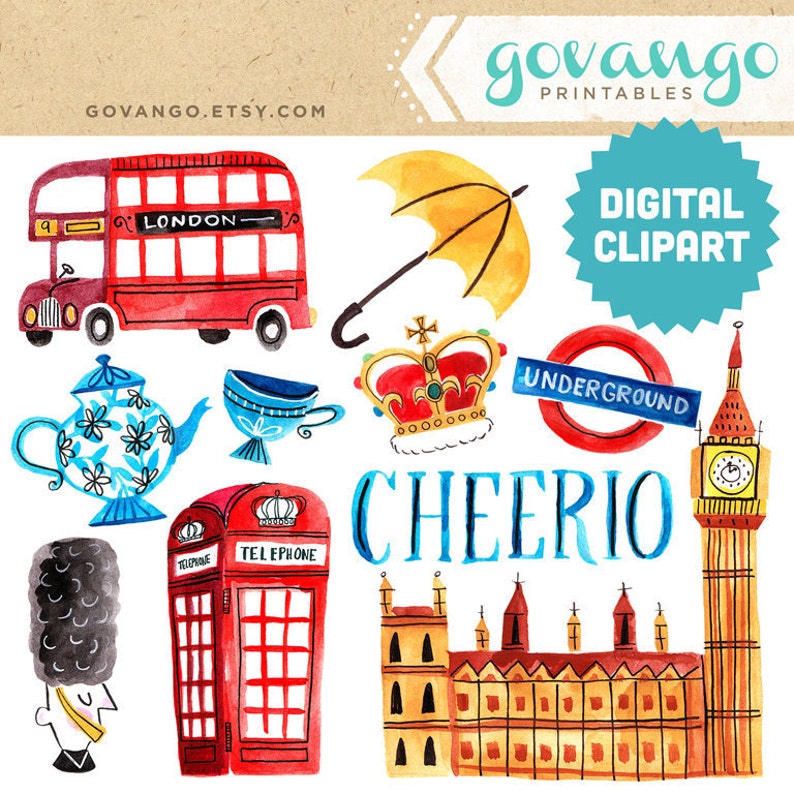 LONDON Digital Clipart Instant Download Illustration Great Britain Travel British Queen Big Ben Cheerio Tea City Clip Art Artwork Watercolor image 1