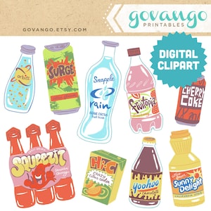 Op de afbeelding: Digitale clipart met verschillende drankillustraties. Bevat flessen Orbitz, Snapple Rain, Fritopia Strawberry en Sunny Delight. Er zijn ook blikjes Surge, Cherry Coke en een pak Hi-C Crazy Citrus Cooler te zien. De afbeelding bevat ook een fles Yoohoo Chocolate en een driepak Squeezit.