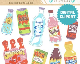 90er Jahre DRINKS Clipart Bundle | Retro Nostalgische Saft Soda Flaschen PNG | Y2K Getränkeästhetik für Scrapbooking, Kartenherstellung und Kunsthandwerk