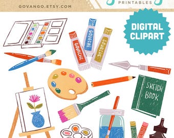 KUNST zubehör Digitale Clipart Sofortiger Download Illustration Clip Art Aquarell Pinsel Künstler Studio Handwerk Palette Farbe Skizze Schule