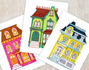 PAINTED LADIES Printable Instant Download jpg Digital Wall Art Print Houses Victorian San Francisco Architecture Illustration Retro