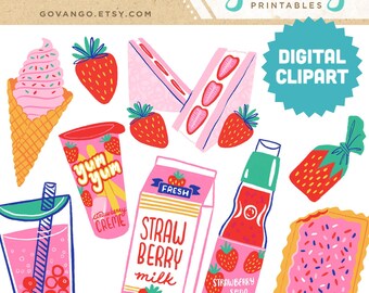 Erdbeere Snacks Clipart Bundle - Kawaii Süßes Essen Dessert Süßigkeiten Getränke Kunst Sofortiger digitaler Download PNG JPG Für Handwerk Planer Journaling