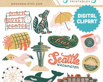 SEATTLE WASHINGTON Clipart-Bundle – City Art Illustrations, Ferry, Mount Rainier, Space Needle, Public Market Center, Chihuly, Riesenrad