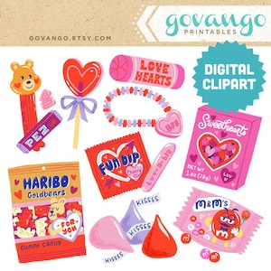 Bonbons Saint-Valentin Clipart numérique Téléchargement instantané Illustration Art Bonbons chérie sucette oursons en gélatine chocolat amour coeurs nourriture rétro