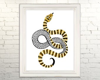 GOLD SNAKE Printable Art Print Poster Illustration Wall Art Decor Digital Download Reptile Animal Zoo Modern Gold  5x7, 8x10, 11x14, 16x20