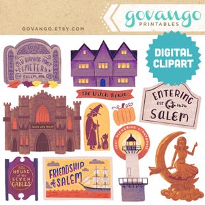 SALEM Digital Clipart Instant Download Illustration Clip Art Travel Witch House Museum Lighthouse Halloween Cemetery Massachusetts Landmarks