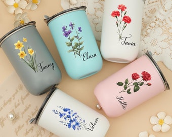 Insulated Travel Mug,Personalized Stainless,Bridesmaid Proposal Gift,Wine Tumbler with Lid,Stainless Steel Bottle,Birthday flower cup