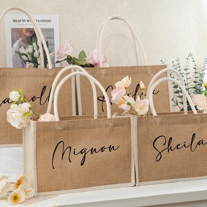 Personalisierte Brautjungfern-Geschenktasche, personalisierte Sackleinen-Geschenktasche, Strandtasche, Junggesellinnen-Partytasche, Brautjungfern-Antragsgeschenk, Brautjungfern-Strandtasche