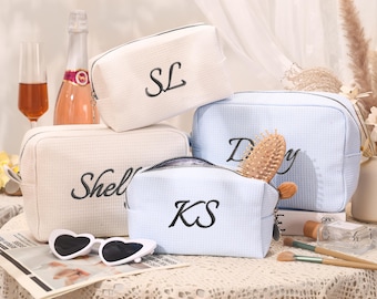 Personalized Embroidered Waffle Bag, Custom Name Makeup Bag, Monogramed Travel Toiletry Bag, Bachelorette Cosmetic Bags, Bridesmaid Gifts
