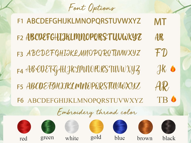 Puede incluir: Gr&aacute;fico que muestra opciones de fuente y colores de hilo de bordar. Las opciones de fuente se muestran en dorado, con ejemplos de cada estilo de fuente. Los colores del hilo de bordar incluyen rojo, verde, blanco, dorado, azul, marr&oacute;n y negro.