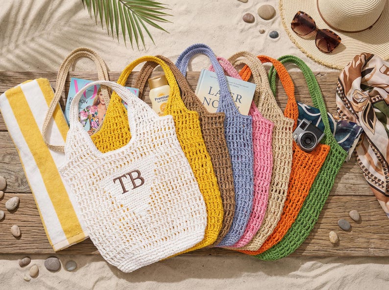 Puede incluir: Una colecci&oacute;n de bolsos tote de crochet calado de colores, en blanco, amarillo, marr&oacute;n, azul, rosa y naranja. Cada bolso tiene un asa a juego. Algunos bolsos contienen art&iacute;culos como una revista, protector solar y una c&aacute;mara. Tema de playa.