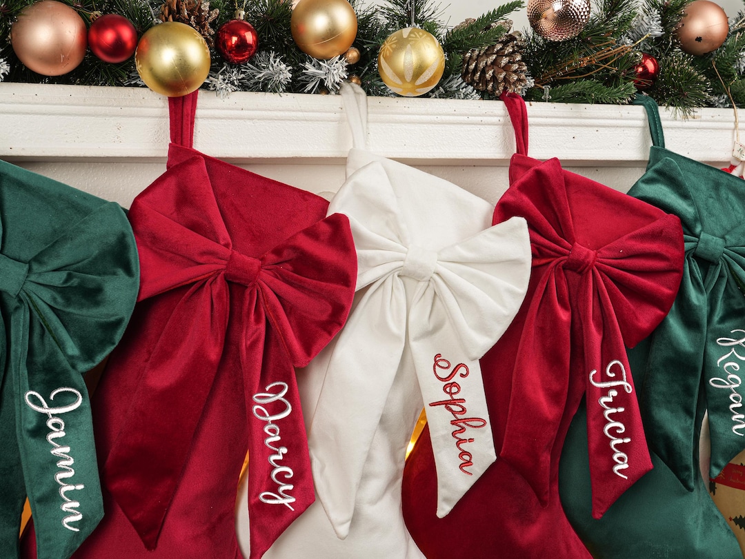 2025 Embroidered Christmas Stocking, Personalized Bow Christmas Stocking, Velvet Christmas Stocking With Name, Christmas Gift, Family Decor - Red, White