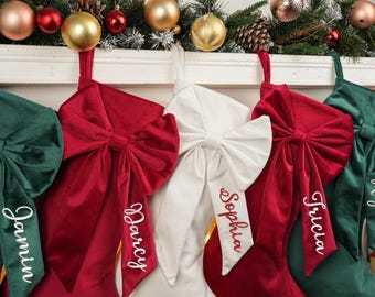 2025 Embroidered Christmas Stocking, Personalized Bow Christmas Stocking, Velvet Christmas Stocking With Name, Christmas Gift, Family Decor