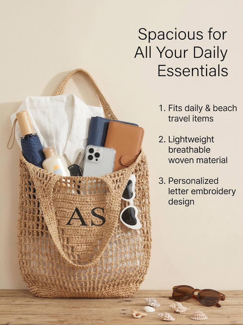 Puede incluir: Un bolso tote tejido beige con las iniciales "AS" bordadas. La bolsa contiene una camisa blanca, una cartera, un tel&eacute;fono y gafas de sol. El texto de la imagen dice "Espacioso para todos tus elementos esenciales diarios".