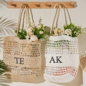 Personalized Beach Tote Bag,Custom initials handle bag,Beach straw bag,Girls travel tote bag,Embroidery beach bagBachelorette party gift bag