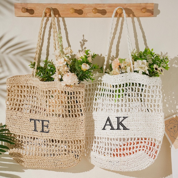 Bolsa de playa personalizada, bolsa con asa y iniciales personalizadas, bolsa de paja para playa, bolsa de viaje para niñas, bolsa de playa bordada, bolsa de regalo para despedida de soltera
