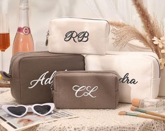 Personalized Embroidered Waffle Bag, Custom Name Makeup Bag, Monogramed Travel Toiletry Bag, Bachelorette Cosmetic Bags, Bridesmaid Gifts